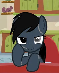Size: 704x861 | Tagged: safe, derpibooru import, edit, edited screencap, screencap, rainbow dash, pegasus, pony, flutter brutter, beautiful, chair, cropped, cute, dashabetes, dead rainbow dash, female, hoof on cheek, hooves on the table, image, looking at you, mare, medical staples, png, seductive, sitting, smiling, smirk, solo, stitches, table, wingless