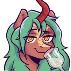Size: 250x250 | Tagged: safe, artist:naet, derpibooru import, oc, oc:selketo, kirin, alcohol, bust, carapace, champagne, champagne glass, eye scar, eyebrows, facial scar, green mane, grin, horn, husbando, image, kirin oc, lidded eyes, long hair, looking at you, married, neck fluff, png, portrait, raised eyebrow, scar, seductive look, smiling, solo, sticker, wine