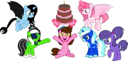 Size: 2866x1365 | Tagged: safe, artist:nirguna1314, artist:tanahgrogot, derpibooru import, oc, oc:annisa trihapsari, oc:cool breezes, oc:kok ada, oc:teahie, oc:tiffany fisher, oc:violetta cuddles belle, unofficial characters only, alicorn, dracony, dragon, earth pony, hybrid, pony, unicorn, base used, birthday cake, cake, earth pony oc, female, flower, food, glasses, happy, hat, image, magic, mare, open mouth, open smile, png, ponytail, simple background, sitting, smiling, telekinesis, transparent background