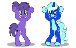 Size: 830x522 | Tagged: safe, artist:stellar-ponies, artist:tanahgrogot, derpibooru import, oc, oc:cool breezes, oc:violetta cuddles belle, unofficial characters only, pony, unicorn, base used, caramelldansen, cute, dancing, duo, duo female, female, happy, image, looking at you, ocbetes, png, ponytail, simple background, smiling, smiling at you, together, transparent background
