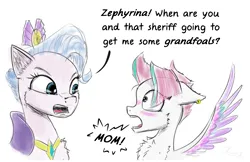 Size: 1850x1201 | Tagged: safe, artist:chopsticks, derpibooru import, queen haven, zipp storm, pegasus, pony, g5, alternate hairstyle, blushing, cheek fluff, chest fluff, dialogue, duo, ear fluff, female, image, implied hitch trailblazer, implied hitchzipp, implied shipping, implied straight, jewelry, mother and child, mother and daughter, mothers gonna mother, png, regalia, shipping, sketch, spread wings, text, that pony sure does want grandfoals, wings
