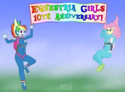 Size: 2800x2074 | Tagged: safe, artist:phallen1, derpibooru import, fluttershy, rainbow dash, human, equestria girls, banner, blushing, clothes, derpibooru exclusive, equestria girls 10th anniversary, falling, image, jpeg, jumpsuit, open mouth, open smile, parachute, skydiving, smiling