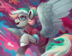 Size: 2560x2000 | Tagged: safe, artist:jewellier, derpibooru import, oc, oc:shirley flow, unofficial characters only, pegasus, pony, g5, abstract background, clothes, g5 oc, glasses, happy, image, looking up, oda 1997, pegasus oc, png, solo, spread wings, wings