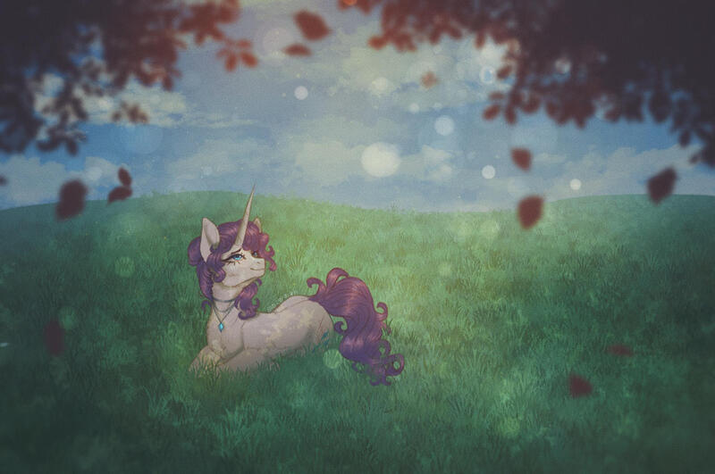 Size: 1280x850 | Tagged: safe, artist:blitsazalisdash, derpibooru import, rarity, pony, unicorn, blue sky, grass, grass field, horn, image, jewelry, jpeg, long horn, looking up, lying down, lying on grass, lying on the ground, necklace, prone, smiling, solo