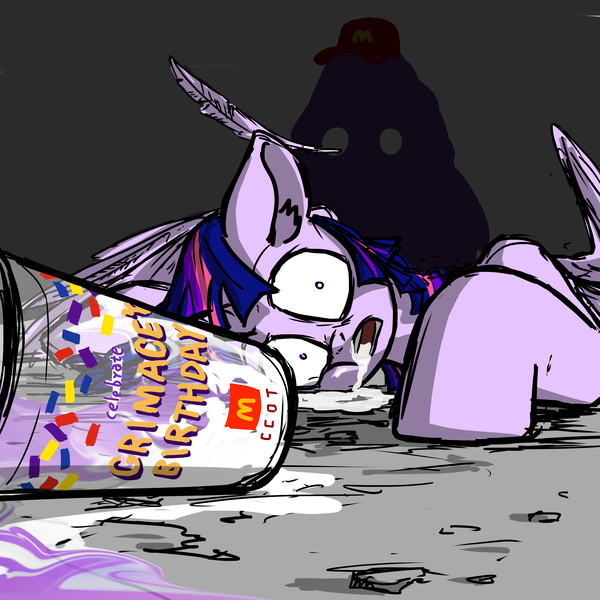 Size: 10630x10630 | Tagged: safe, derpibooru import, twilight sparkle, twilight sparkle (alicorn), alicorn, pony, dead, feather, grimace shake, image, jpeg, mcdonald's, meme, solo