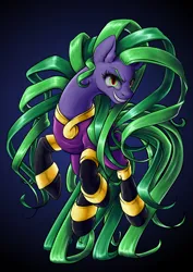 Size: 3508x4960 | Tagged: safe, artist:maneiacmayhem, derpibooru import, mane-iac, earth pony, pony, absurd resolution, angry, antagonist, blue background, clothes, digital art, eyelashes, fangs, female, green eyes, green mane, green tail, grin, image, jewelry, jpeg, looking at you, mare, pose, simple background, smiling, smiling at you, solo, suit, tail, teeth, villainess