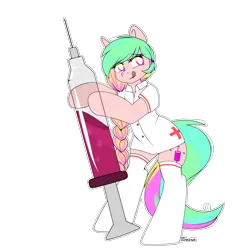 Size: 3000x3000 | Tagged: safe, artist:xcinnamon-twistx, derpibooru import, oc, oc:junkie, unofficial characters only, earth pony, :p, artfight, braid, clothes, image, injection, nurse, png, simple background, socks, solo, stockings, syringe, thigh highs, tongue out, transparent background