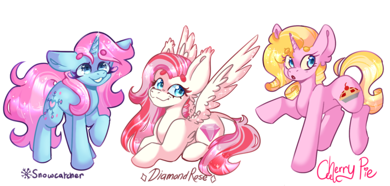 Size: 1797x859 | Tagged: safe, artist:cyberplush, derpibooru import, cherry pie, diamond rose, snowcatcher, pegasus, pony, unicorn, blonde mane, blonde tail, blue coat, cute, diarose, female, image, lying down, mare, pieabetes, pink coat, pink mane, pink tail, png, raised hoof, simple background, smiling, snowcatcherdorable, tail, transparent background, trio, white coat