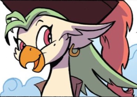 Size: 463x328 | Tagged: safe, artist:andypriceart, derpibooru import, idw, captain celaeno, bird, parrot, my little pony: the movie, spoiler:comic100, beak, cropped, happy, hat, image, pirate, pirate hat, png