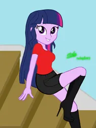 Size: 1880x2490 | Tagged: safe, artist:gibsterboy5, derpibooru import, twilight sparkle, human, equestria girls, boots, clothes, female, high heel boots, high heels, image, jpeg, looking at you, photoshop, shirt, shoes, shorts, simple background, sitting, smiling, smiling at you, socks, solo, stairs, thigh highs