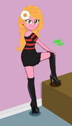 Size: 1220x2140 | Tagged: safe, artist:gibsterboy5, derpibooru import, idw, human, equestria girls, blouse, boots, clothes, female, flower, flower in hair, high heel boots, high heels, image, jpeg, leather, leather boots, looking at you, miniskirt, raised leg, shoes, skirt, socks, solo, sunflower (g4), thigh boots, thigh highs