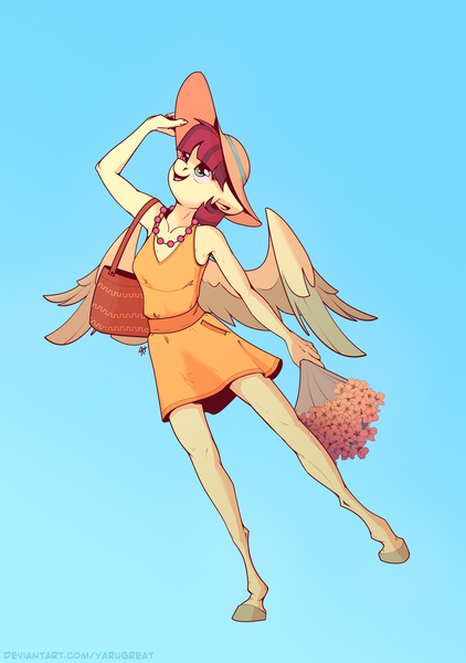 Size: 2462x3500 | Tagged: safe, artist:yarugreat, derpibooru import, oc, anthro, pegasus, bag, bouquet, clothes, dress, flower, hat, image, png, smiling, solo, spread wings, wings