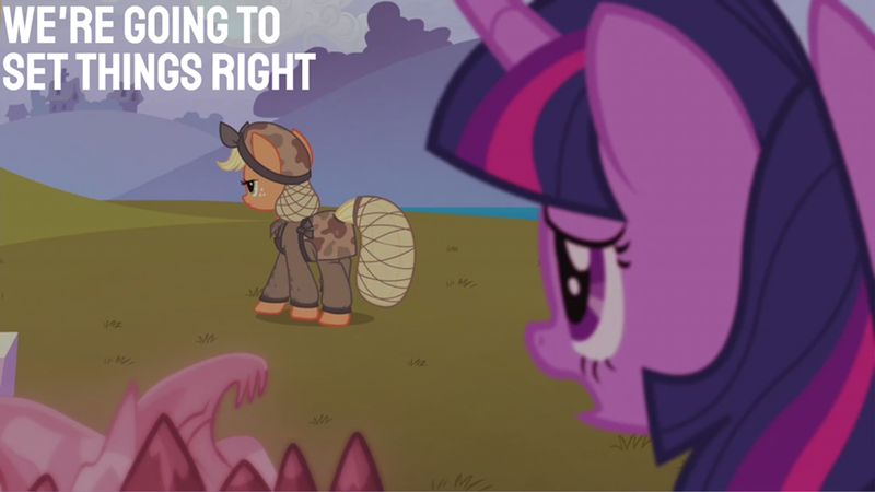 Size: 2000x1125 | Tagged: safe, derpibooru import, edit, edited screencap, editor:quoterific, screencap, applejack, twilight sparkle, the cutie re-mark, image, png