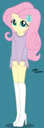 Size: 535x1546 | Tagged: safe, artist:gibsterboy5, derpibooru import, fluttershy, equestria girls, blue background, boots, bottomless, butterfly hairpin, clothes, cyan background, female, hairpin, high heel boots, high heels, image, jpeg, looking at you, partial nudity, shoes, simple background, socks, solo, sweater, sweater dress, sweatershy, thigh boots, thigh highs