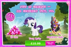 Size: 1965x1302 | Tagged: safe, derpibooru import, official, rarity, pony, unicorn, advertisement, costs real money, english, female, filly, foal, gameloft, gem, horn, image, jpeg, mare, mobile game, my little pony: magic princess, numbers, rock, sale, solo, solo focus, text