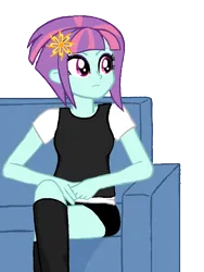 Size: 600x800 | Tagged: safe, artist:gibsterboy5, derpibooru import, sunny flare, human, equestria girls, boots, clothes, couch, female, hairpin, image, looking away, photoshop, png, shirt, shoes, shorts, simple background, sitting, socks, solo, thigh highs, transparent background