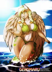 Size: 1332x1828 | Tagged: suggestive, artist:dekomaru, derpibooru import, oc, oc:sylvia evergreen, unofficial characters only, anthro, pegasus, absolute cleavage, belly button, big breasts, bikini, braid, braided pigtails, breasts, cleavage, clothes, cloud, curvy, explicit source, female, hair tie, hourglass figure, image, jpeg, pegasus oc, pigtails, side-tie bikini, sky, solo, sun, swimsuit, wading, water, wide hips, wings