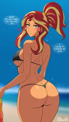 Size: 700x1241 | Tagged: suggestive, artist:tsudashie, derpibooru import, sunset shimmer, equestria girls, beach, bikini, black bikini, blurry background, blush lines, blushing, breasts, bunset shimmer, busty sunset shimmer, butt, butt focus, clothes, dialogue, equestria girls 10th anniversary, hairband, heart, image, looking at you, looking back, outdoors, png, ponytail, rear view, seductive look, sexy, smiling, smiling at you, sparkles, speech bubble, sweat, swimsuit, talking to viewer, thong swimsuit, undressing