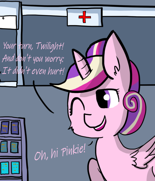 Size: 1792x2088 | Tagged: safe, artist:wissle, derpibooru import, princess cadance, alicorn, pony, atg 2023, clinic, comic, dialogue, female, followup, image, implied pinkie pie, implied twilight sparkle, mare, newbie artist training grounds, offscreen character, open mouth, png, smiling, solo, sterilization, style emulation