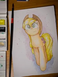 Size: 1536x2048 | Tagged: safe, artist:papersurgery, derpibooru import, applejack, earth pony, image, jpeg, photo, solo, traditional art, watercolor painting