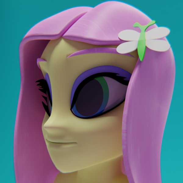 Size: 1080x1080 | Tagged: safe, artist:pwnypony db, derpibooru import, fluttershy, equestria girls, 3d, blender, blender cycles, blue background, bust, chromatic aberration, derpibooru exclusive, equestria girls 10th anniversary, eyeshadow, gradient eyes, hairclip, image, makeup, pink hair, png, portrait, simple background, solo