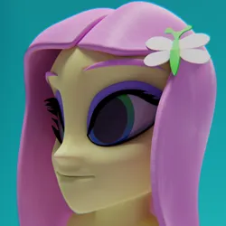 Size: 1080x1080 | Tagged: safe, artist:pwnypony db, derpibooru import, fluttershy, equestria girls, 3d, blender, blender cycles, blue background, bust, chromatic aberration, derpibooru exclusive, equestria girls 10th anniversary, eyeshadow, gradient eyes, hairclip, image, makeup, pink hair, png, portrait, simple background, solo