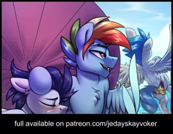 Size: 1515x1182 | Tagged: suggestive, artist:jedayskayvoker, derpibooru import, rainbow dash, soarin', pegasus, pony, advertisement, beach, blushing, chest fluff, clothes, cropped porn, crotch bulge, fangs, female, image, latex, latex panties, male, patreon, patreon preview, png, rainbow blitz, rule 63, shiny, shipping, smiling, soarindash, speedo, spread wings, straight, swimsuit, thick eyebrows, wings