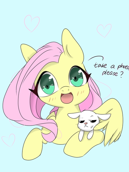 Size: 3072x4096 | Tagged: safe, artist:twiliset, derpibooru import, fluttershy, pegasus, pony, rabbit, angle, animal, feather, heart, hug, image, jpeg, looking at you, open mouth, red face, simple background, unhappy, wings