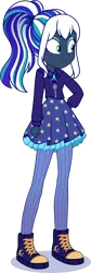 Size: 1054x3137 | Tagged: safe, artist:leah minik, derpibooru import, oc, oc:flaming dune, unofficial characters only, human, equestria girls, clothes, dress, equestria girls 10th anniversary, eyeshadow, female, full body, green eyes, hand on hip, humanized, humanized oc, image, jacket, looking away, makeup, multicolored hair, pantyhose, png, ponytail, shoes, simple background, solo, transparent background