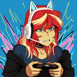 Size: 2620x2623 | Tagged: safe, artist:llama_draws, derpibooru import, sunset shimmer, equestria girls, alternate hairstyle, cat ears, choker, clothes, controller, female, gamer sunset, gaming headphones, gaming headset, gritted teeth, headset, hoodie, image, jpeg, shirt, solo, spiked choker, t-shirt, teeth