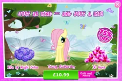 Size: 1963x1301 | Tagged: safe, derpibooru import, official, fluttershy, pegasus, pony, advertisement, costs real money, english, female, filly, foal, folded wings, gameloft, gem, image, jpeg, magic coins, mare, mobile game, my little pony: magic princess, numbers, sale, solo, text, wings