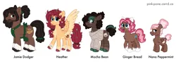 Size: 8500x3000 | Tagged: safe, artist:pink-pone, derpibooru import, oc, oc:ginger bread, oc:heather, oc:jamie dodger, oc:mocha bean, oc:peppermint patty, unofficial characters only, earth pony, pegasus, pony, female, image, male, mare, png, simple background, stallion, white background