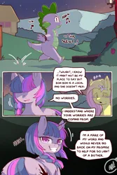 Size: 960x1440 | Tagged: safe, alternate version, artist:cold-blooded-twilight, derpibooru import, fluttershy, spike, twilight sparkle, cold blooded twilight, comic:cold storm, both cutie marks, comic, dialogue, eyes closed, fangs, image, png, smiling, speech bubble, wide hips