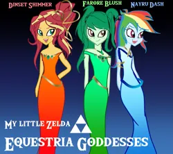 Size: 1911x1700 | Tagged: safe, artist:great-5, derpibooru import, rainbow dash, sunset shimmer, wallflower blush, equestria girls, din, equestria girls 10th anniversary, farore, goddess, image, nayru, png, the legend of zelda, triforce