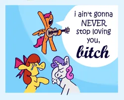 Size: 860x696 | Tagged: safe, artist:msponies, derpibooru import, part of a set, apple bloom, scootaloo, sweetie belle, earth pony, pegasus, pony, unicorn, cutie mark crusaders, guitar, image, male, musical instrument, png, singing, speech bubble, trans male, transgender
