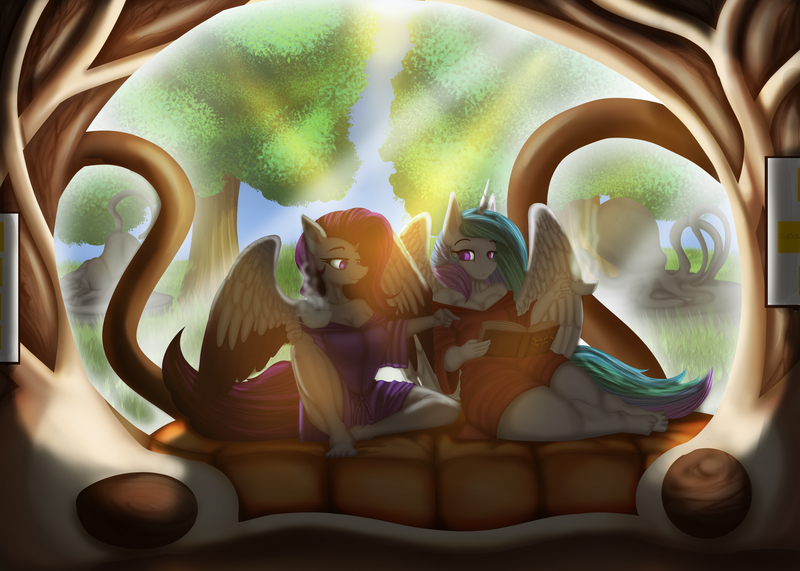 Size: 3500x2500 | Tagged: suggestive, artist:ruanshi, derpibooru import, princess celestia, oc, pony, bathrobe, book, breasts, clothes, image, learning, morning, park, png, robe, sofa bed, statue, window