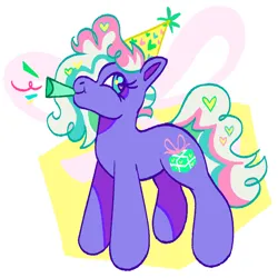 Size: 1000x1000 | Tagged: safe, artist:msponies, derpibooru import, razzaroo, earth pony, pony, g3, hat, image, party hat, party popper, png, present, solo