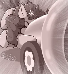 Size: 1005x1098 | Tagged: safe, artist:llametsul, derpibooru import, pinkie pie, earth pony, pony, atg 2023, image, monochrome, newbie artist training grounds, party cannon, png, solo