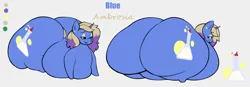 Size: 3433x1200 | Tagged: suggestive, artist:ahobobo, derpibooru import, oc, oc:blue ambrosia, unofficial characters only, pony, unicorn, belly, big belly, butt, cutie mark, ear piercing, earring, eyeshadow, fat, female, horn, huge butt, image, impossibly large butt, jewelry, large butt, makeup, morbidly obese, obese, piercing, png, reference sheet, the ass was fat, unicorn oc