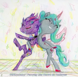 Size: 4096x4079 | Tagged: safe, artist:c_||_r, oc, oc:h3xc0d3, oc:proxy server, pony, blue mane, changling, colored pencil drawing, convention mascots, dancing, ethereal wings, etherial horn, gray coat, hair bun, image, jpeg, magic, mascot, natg2023, signature, simple background, traditional art, trotcon 2023, wings