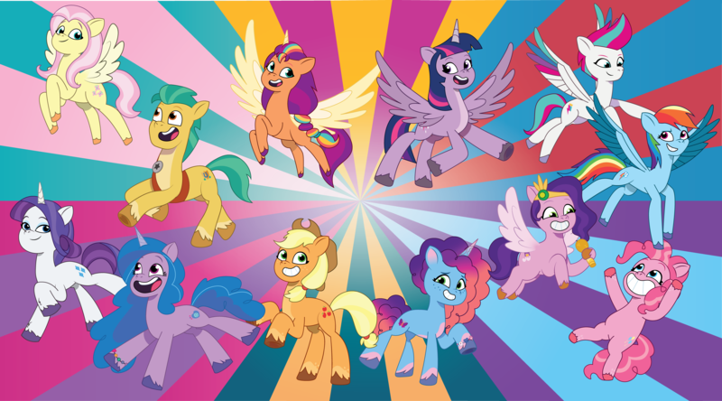 Size: 5400x3000 | Tagged: safe, artist:prixy05, derpibooru import, applejack, fluttershy, hitch trailblazer, izzy moonbow, pinkie pie, pipp petals, rainbow dash, rarity, sunny starscout, twilight sparkle, twilight sparkle (alicorn), zipp storm, alicorn, earth pony, pegasus, pony, unicorn, g5, my little pony: tell your tale, applejack (g5), fluttershy (g5), g4, g4 to g5, generation leap, image, mane five, mane six, mane six (g5), misty brightdawn, pinkie pie (g5), png, rainbow dash (g5), rarity (g5), rebirth misty, striped background, twilight sparkle (g5)