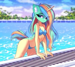 Size: 1538x1370 | Tagged: suggestive, artist:airiniblock, derpibooru import, oc, oc:sunny sandbar, unofficial characters only, anthro, unicorn, anthro oc, clothes, ear fluff, image, png, rcf community, swimming pool, swimsuit, water