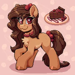Size: 800x800 | Tagged: safe, artist:dandy, derpibooru import, oc, oc:ruby, unofficial characters only, earth pony, pony, artfight, blushing, cake, chest fluff, chocolate cake, earth pony oc, eyebrows, eyebrows visible through hair, female, food, freckles, heart, heart eyes, image, jewelry, looking at you, mare, necklace, pixel art, png, raspberry, smiling, smiling at you, solo, tongue out, wingding eyes