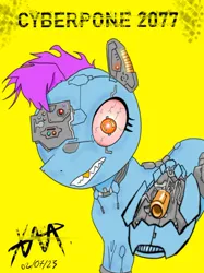 Size: 662x883 | Tagged: safe, artist:anonixar, derpibooru import, oc, oc:cold wire, unofficial characters only, cyborg, earth pony, pony, colored, crazy face, cybernetic legs, cyberpunk, faic, full color, grenade launcher, gun, image, jpeg, simple background, solo, weapon