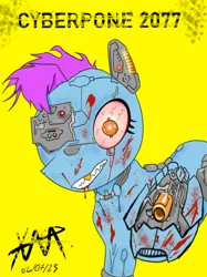 Size: 662x883 | Tagged: safe, artist:anonixar, derpibooru import, oc, oc:cold wire, unofficial characters only, cyborg, earth pony, pony, blood, bloodshot eyes, colored, crying, cyberpunk, full color, grenade launcher, gun, image, jpeg, nosebleed, simple background, solo, tears of blood, weapon