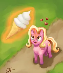 Size: 1280x1491 | Tagged: safe, artist:calebpedigo, derpibooru import, luster dawn, pony, unicorn, atg 2023, female, floating heart, glow, glowing horn, heart, high angle, horn, ice cream cone, image, levitation, looking up, magic, mare, newbie artist training grounds, open mouth, open smile, png, smiling, solo, telekinesis