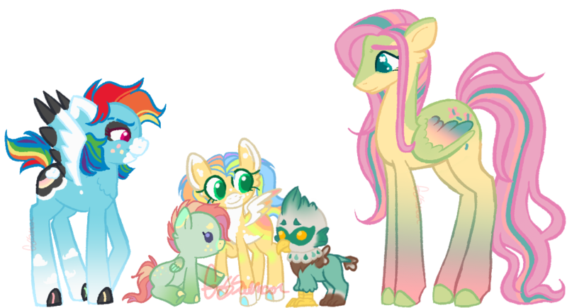 Size: 995x541 | Tagged: safe, artist:gossamoor, derpibooru import, fluttershy, rainbow dash, oc, oc:garth, oc:shutter dawn, oc:vivid blitz, gryphon, pegasus, pony, adopted offspring, alternate design, female, flutterdash, foal, freckles, griffon oc, height difference, image, lesbian, magical lesbian spawn, mare, offspring, parent:fluttershy, parent:rainbow dash, parents:flutterdash, png, shipping, simple background, tallershy, transparent background