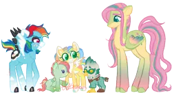 Size: 995x541 | Tagged: safe, artist:gossamoor, derpibooru import, fluttershy, rainbow dash, oc, oc:garth, oc:shutter dawn, oc:vivid blitz, gryphon, pegasus, pony, adopted offspring, alternate design, female, flutterdash, foal, freckles, griffon oc, height difference, image, lesbian, magical lesbian spawn, mare, offspring, parent:fluttershy, parent:rainbow dash, parents:flutterdash, png, shipping, simple background, tallershy, transparent background