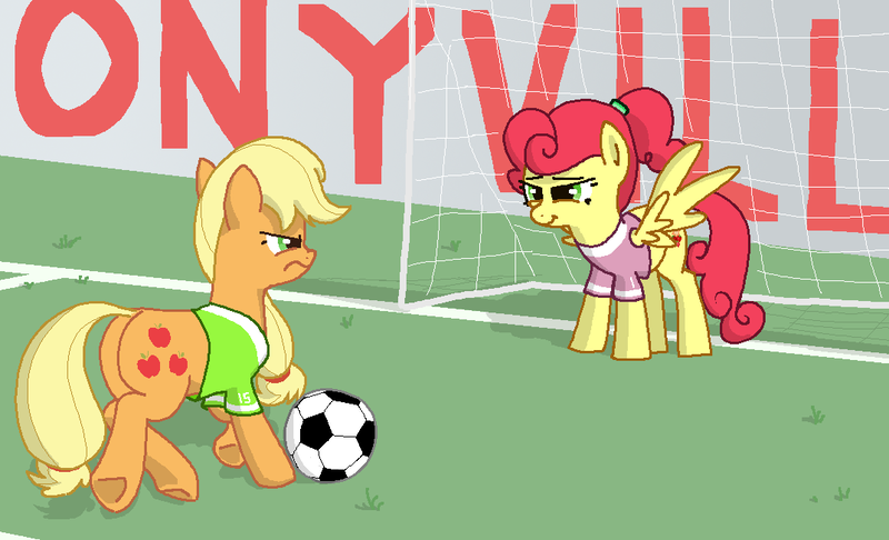 Size: 1072x651 | Tagged: safe, artist:kleyime, derpibooru import, applejack, strawberry sunrise, earth pony, pegasus, pony, atg 2023, ball, clothes, female, football, goal, grass, image, jersey, kicking, mare, newbie artist training grounds, png, ponytail, soccer field, sports, spread wings, wings