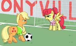 Size: 1072x651 | Tagged: safe, artist:kleyime, derpibooru import, applejack, strawberry sunrise, earth pony, pegasus, pony, atg 2023, ball, clothes, female, football, goal, grass, image, jersey, kicking, mare, newbie artist training grounds, png, ponytail, soccer field, sports, spread wings, wings